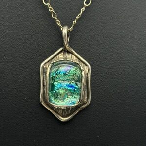 Vintage Sterling Silver Blue Green Dichroic Glass Pendant Artisan Necklace Heavy